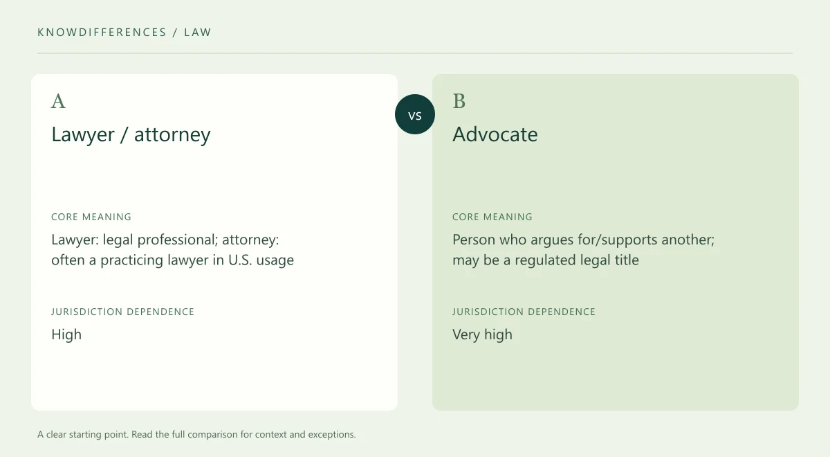Lawyer / attorney and Advocate: Core meaning compared side by side