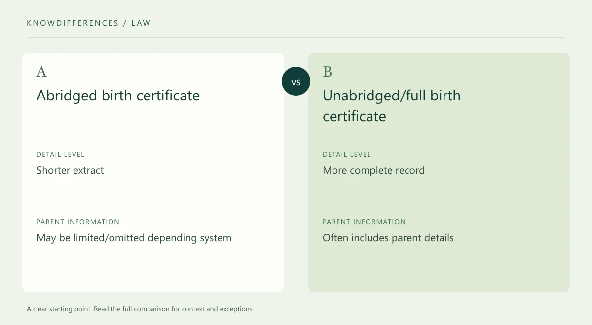 Abridged birth certificate and Unabridged/full birth certificate: Detail level compared side by side