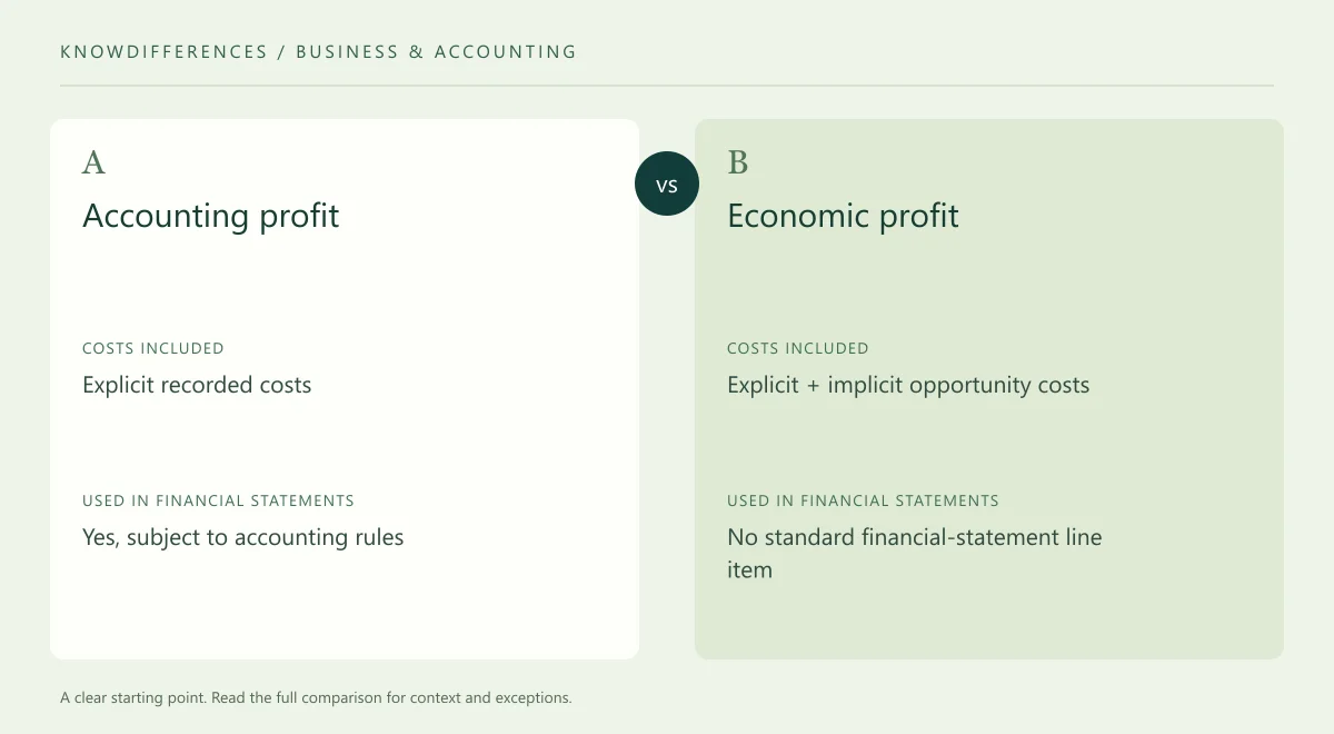 Accounting profit and Economic profit: Costs included compared side by side