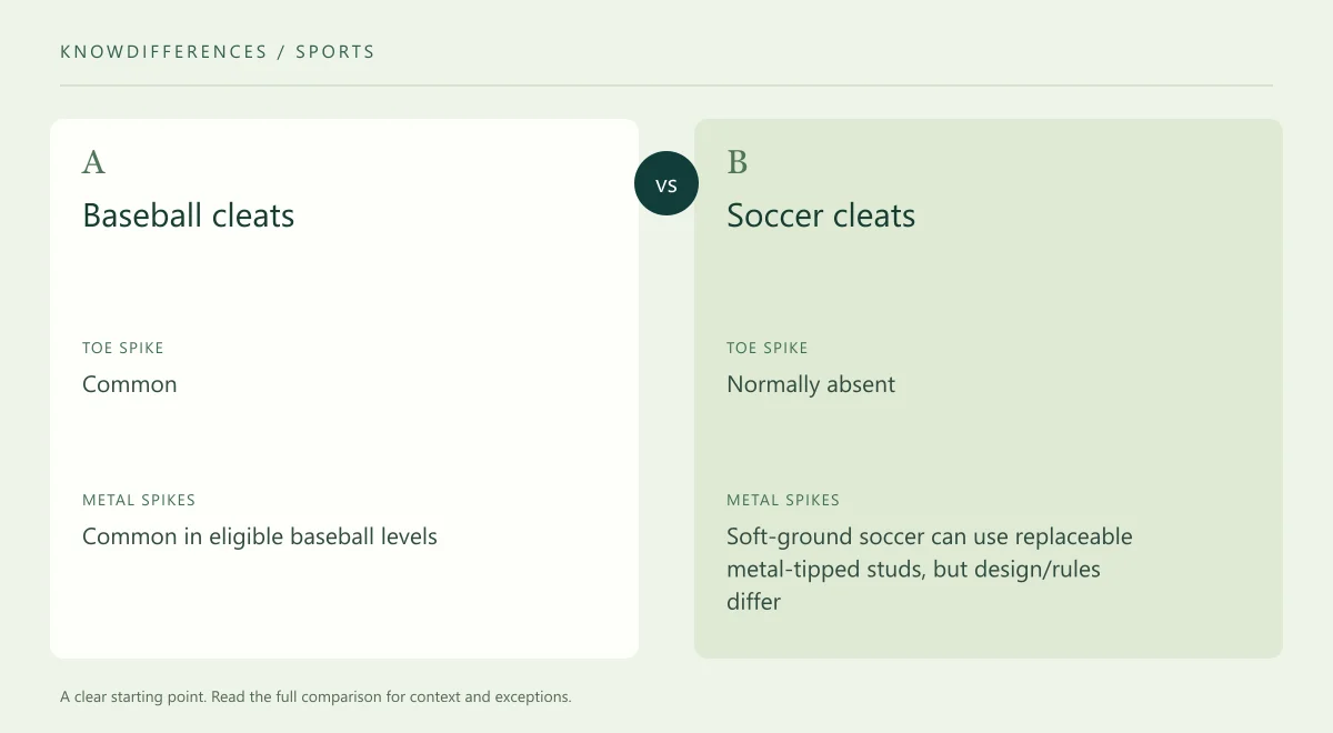 Baseball cleats and Soccer cleats: Toe spike compared side by side