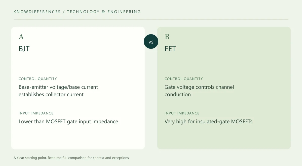 BJT and FET: Control quantity compared side by side