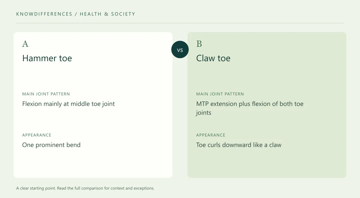 Hammer toe and Claw toe: Main joint pattern compared side by side
