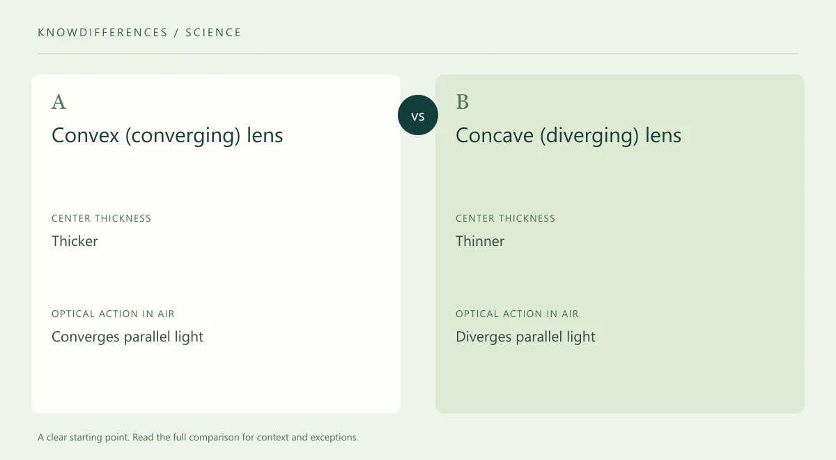 Convex (converging) lens and Concave (diverging) lens: Center thickness compared side by side