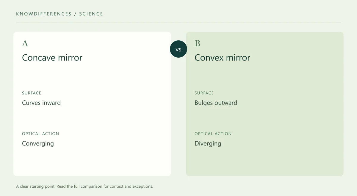 Concave mirror and Convex mirror: Surface compared side by side