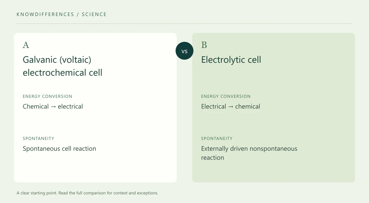 Galvanic (voltaic) electrochemical cell and Electrolytic cell: Energy conversion compared side by side