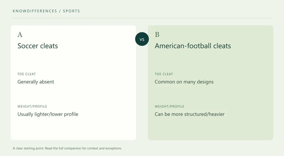 Soccer cleats and American-football cleats: Toe cleat compared side by side