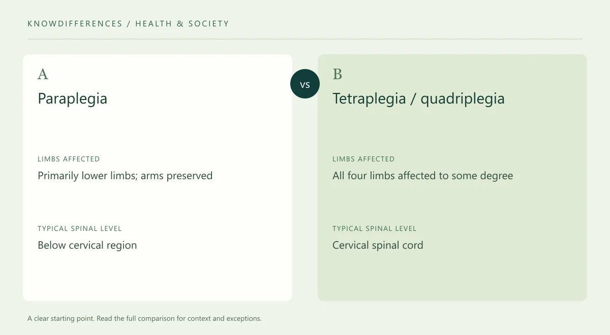Paraplegia and Tetraplegia / quadriplegia: Limbs affected compared side by side